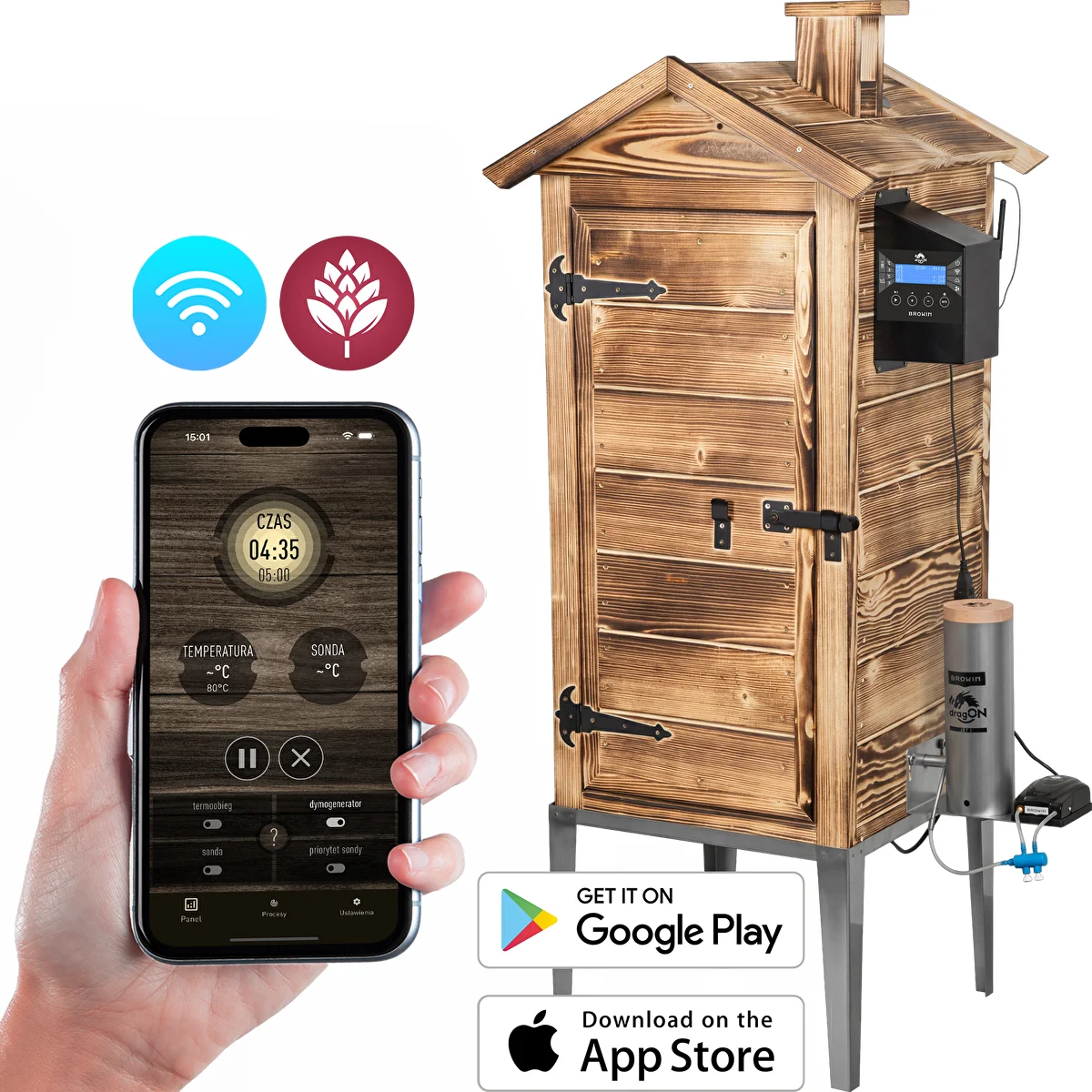 Afumătoare cu Wi-Fi, 200 L - dragON WOOD 100IQ cu modul electric de încălzire și controler, pe lemne