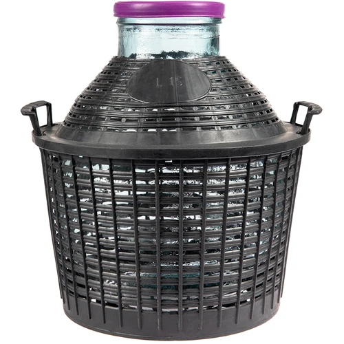 Balon pentru vin 15 L cu gât larg în coș de plastic