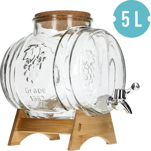 Butoi de sticlă 5 L, cu gura largă, dop, suport și robinet - 2