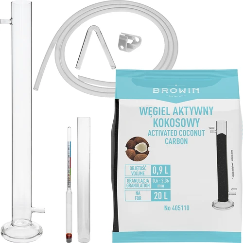 Coloană de filtrare din sticlă cu alcoolmetru, furtun de silicon și cărbune de cocos