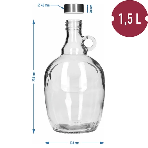 Damigeană 1,5 L, cu capac metalic fi 43 mm și mâner - 5