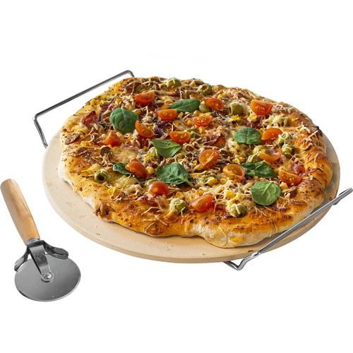 Piatra pentru pizza cu mâner și cuțit, din cordierit, rotundă 33 cm
