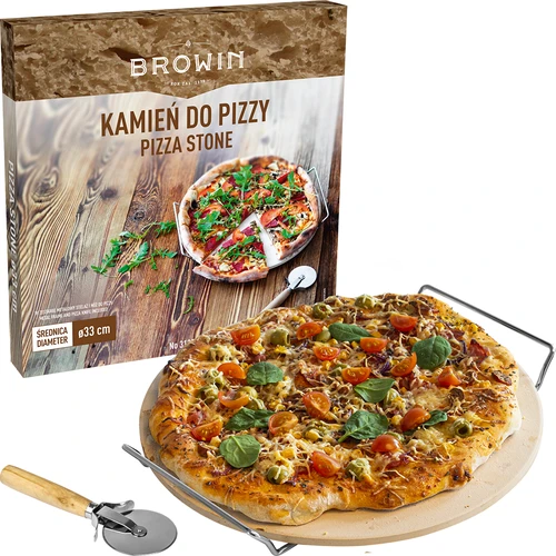 Piatra pentru pizza cu mâner și cuțit, din cordierit, rotundă 33 cm - 7