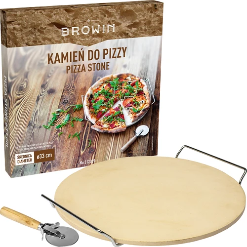 Piatra pentru pizza cu mâner și cuțit, din cordierit, rotundă 33 cm - 6