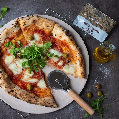 Piatra pentru pizza cu mâner și cuțit, din cordierit, rotundă 33 cm - 12