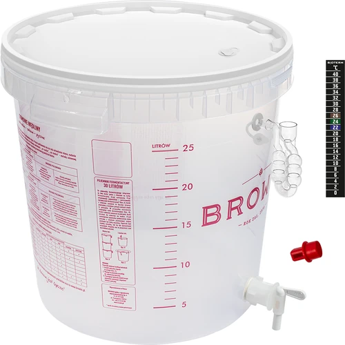 Recipient pentru fermentarea berii cu tub de fermentare, robinet, termometru și reducător de sediment