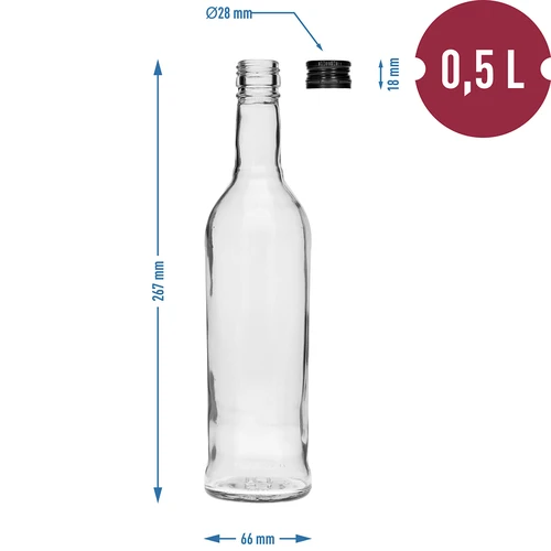 Sticlă 500 ml Subțire, cu capac negru, pentru vodcă, 6 buc. - 7