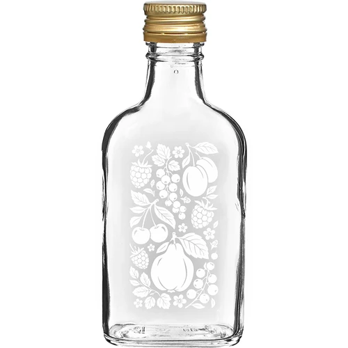 Sticlă tip ploscă 200 ml cu capac filetat și imprimeu „Fructe”, model 2