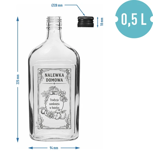 Sticlă tip ploscă 500 ml cu capac filetat, inscripție „Nalewka domowa”, 1 buc. - 4