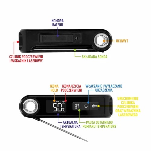 Termometru de bucătărie cu infraroșu, compact, cu sondă pliabilă - 9