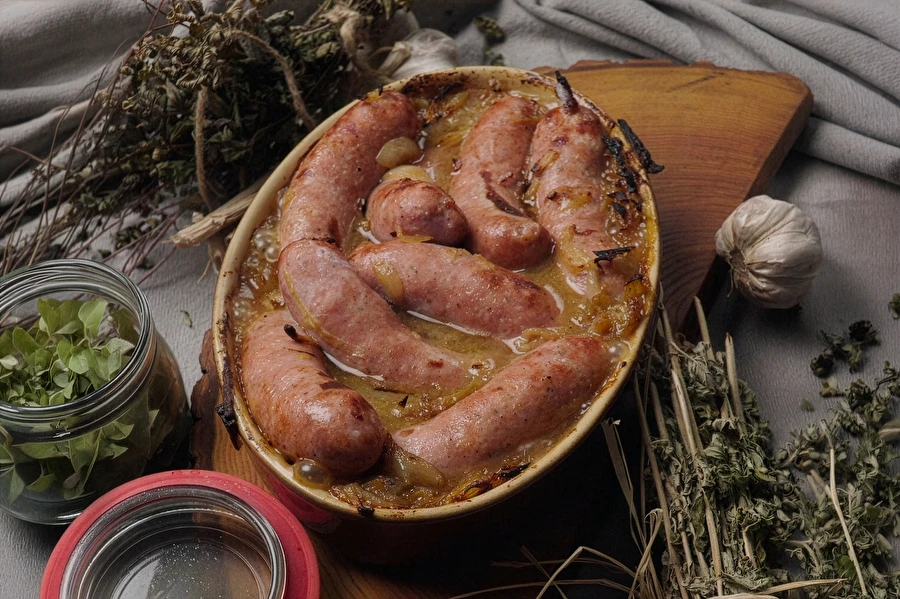 Browin Przepiśnik - Cârnați albi copți în bere cu muștar și ceapă